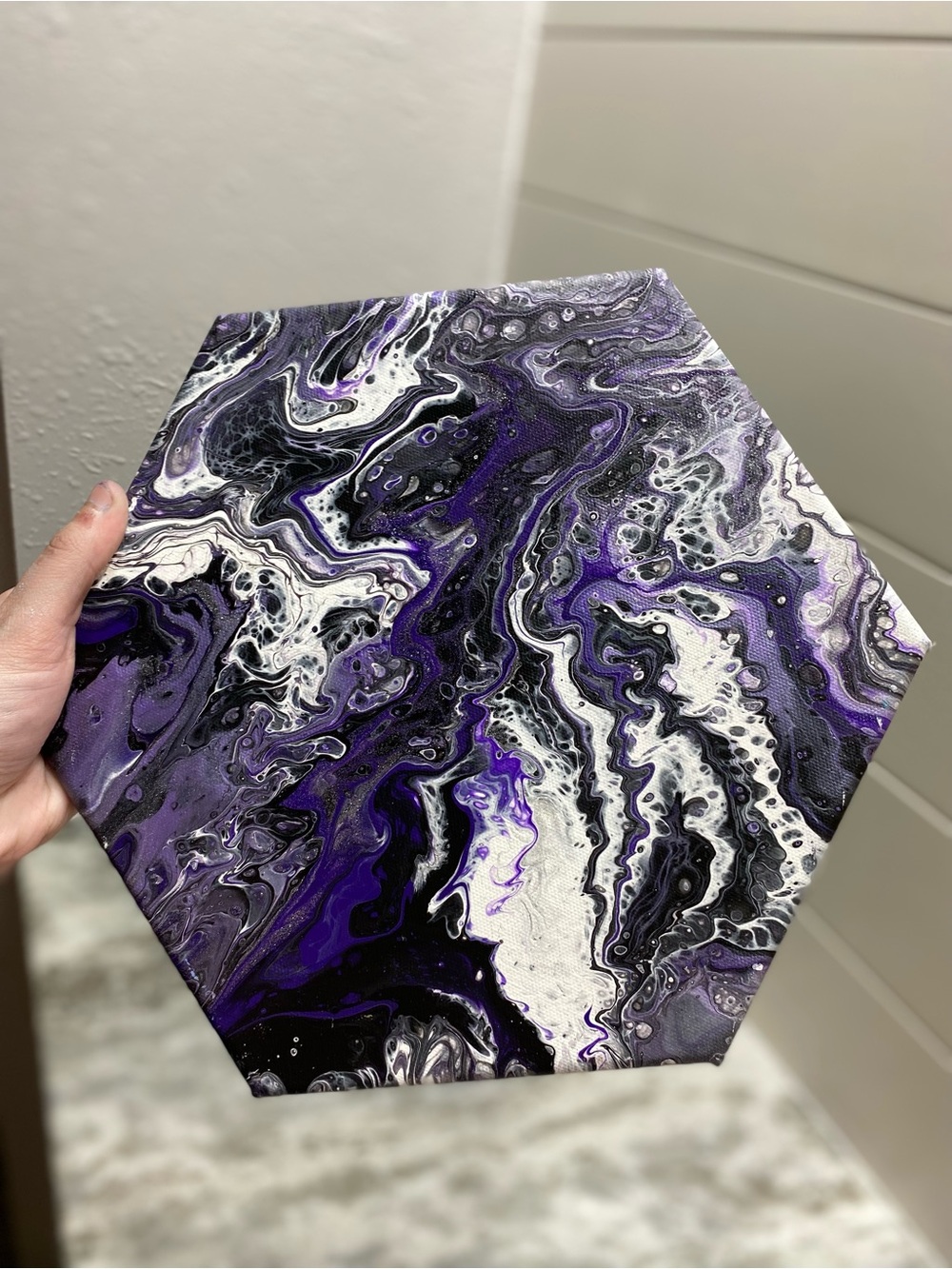 Abstract Hexagonal Canvas Art in Purple and Black w/ Glitter - Picture 6 of 8